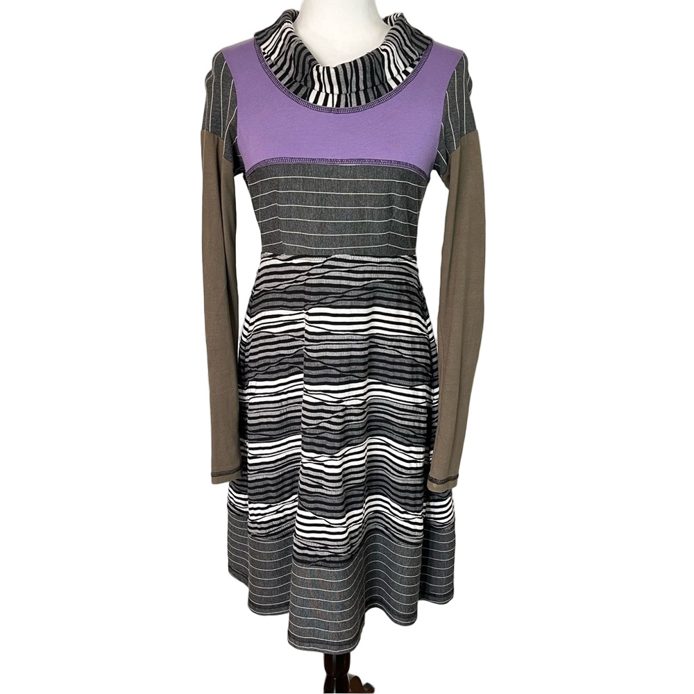 Annie Thompson Lagenlook Patchwork Cowlneck Knit Dress M Striped Artsy Boho